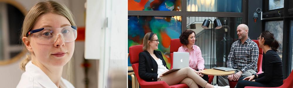 Studenter samspråkar i biblioteket.